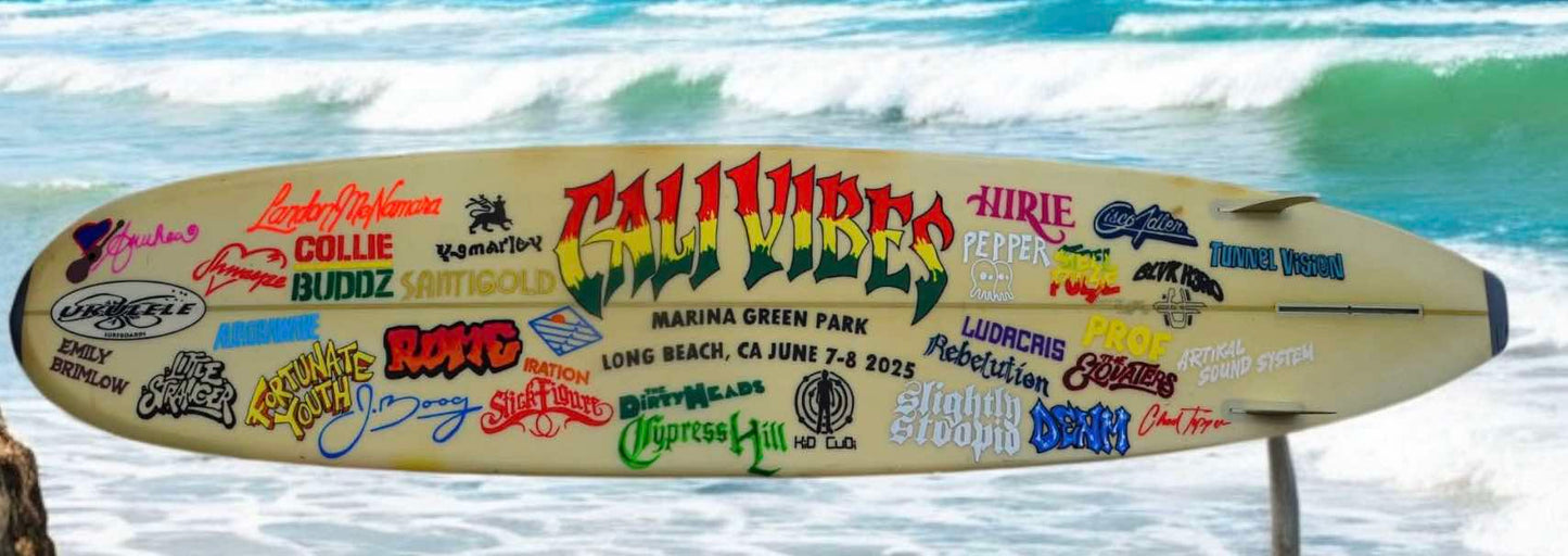 Cali Vibes Festival 2025 Lineup Hand Painted Surfboard by Norm Smyth and signed by Donovan Frankenreiter