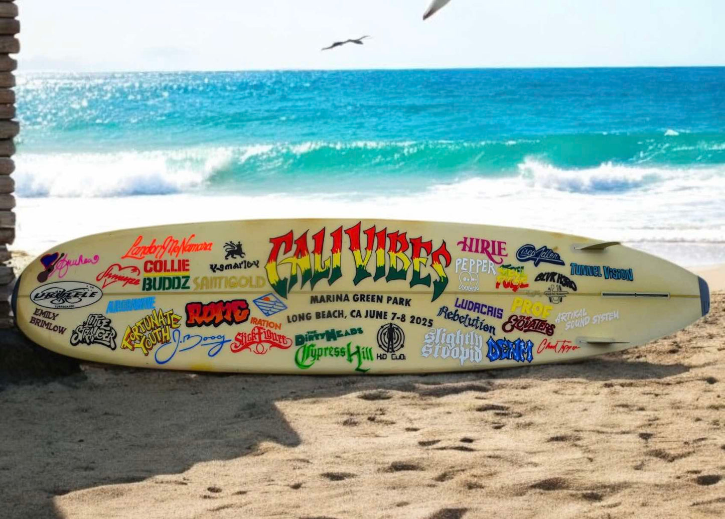 Cali Vibes Festival 2025 Lineup Hand Painted Surfboard by Norm Smyth and signed by Donovan Frankenreiter