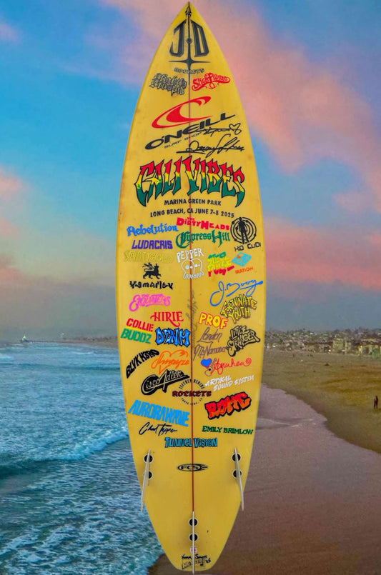 Cali Vibes Festival 2025 Lineup Hand Painted Surfboard by Norm Smyth and signed by Donovan Frankenreiter