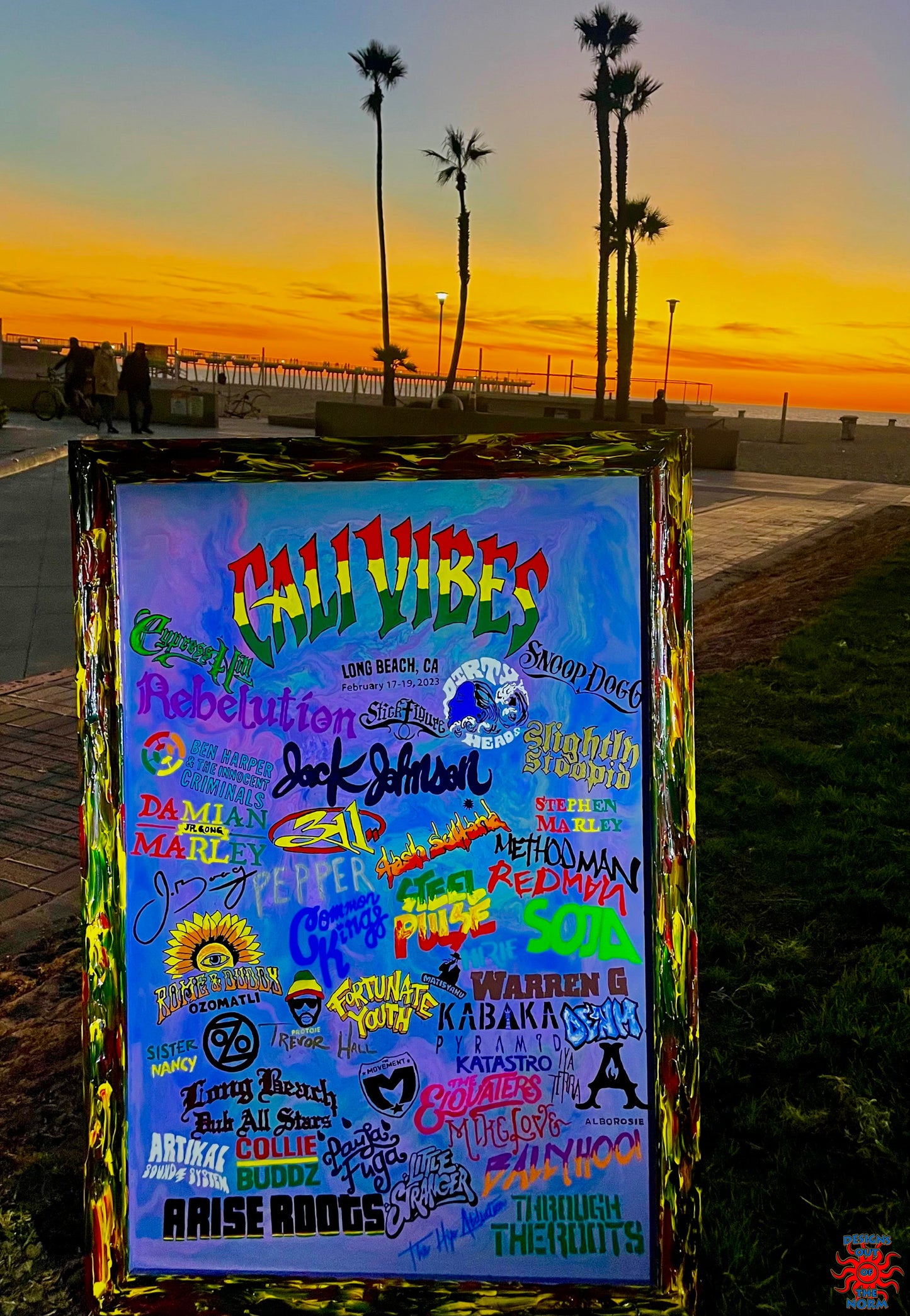 Cali Vibes Festival 2025 Lineup Hand Painted Surfboard by Norm Smyth and signed by Donovan Frankenreiter