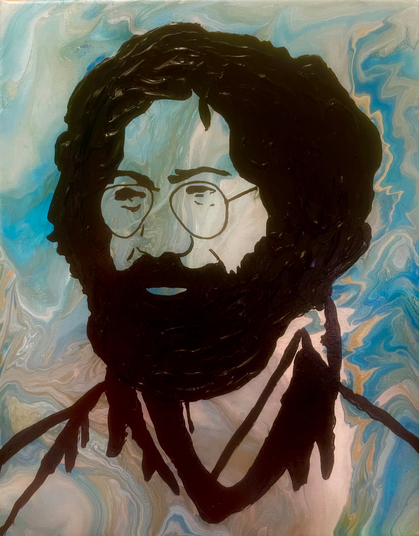 Jerry Garcia - Blue, White & Gold Paint Pour