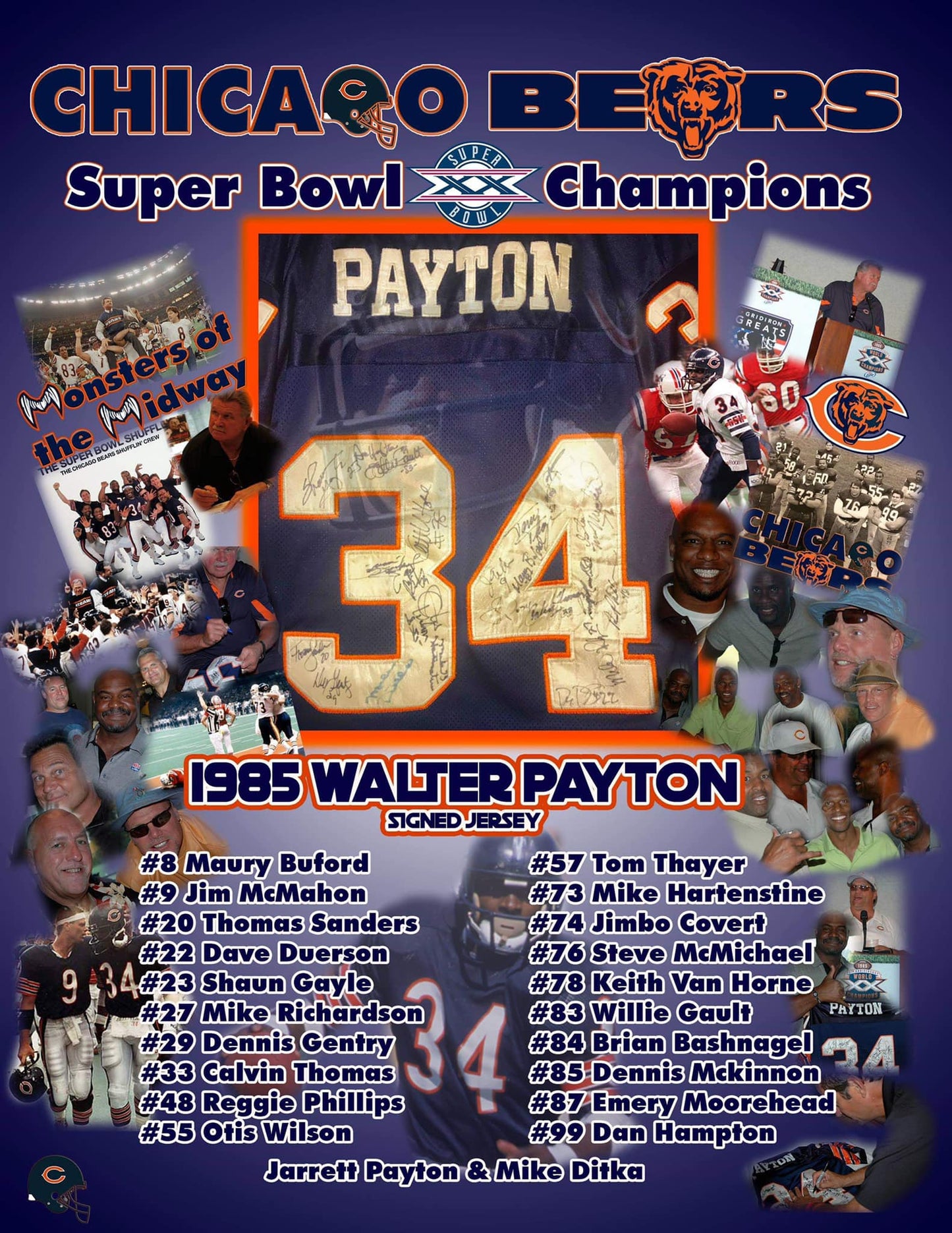 Walter Payton Autographed Jersey by his 1985 Super Bowl Champion Teammates